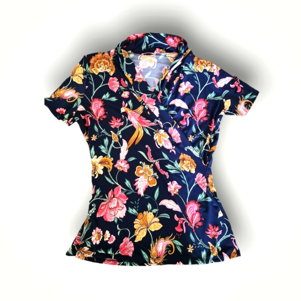 EUC faux wrap front tropical short sleeve blouse sz M